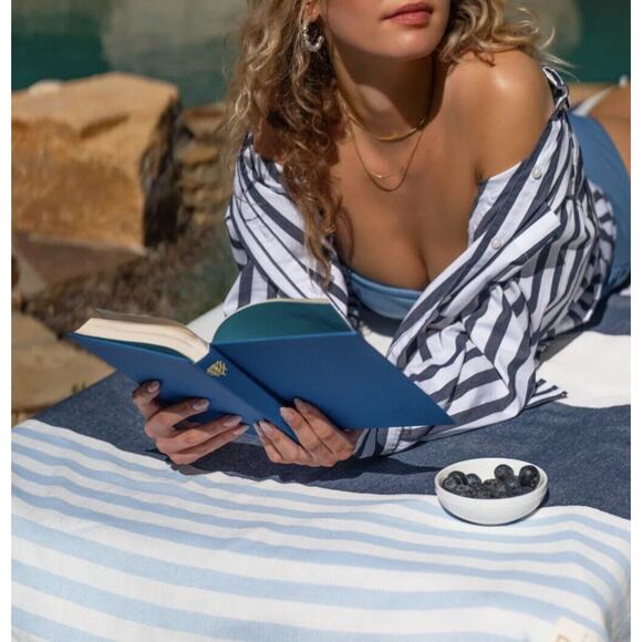 Rachel Miriam Positano Towel Sea Blue White Stripe - Picture 4 of 7